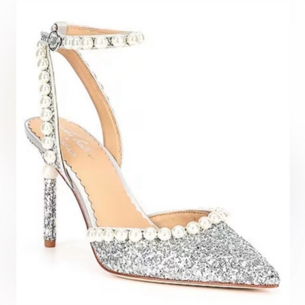 ANTONIO MELANI Silver Glitter Pointed-Toe Ankle-Strap Heels with Pearl Trim